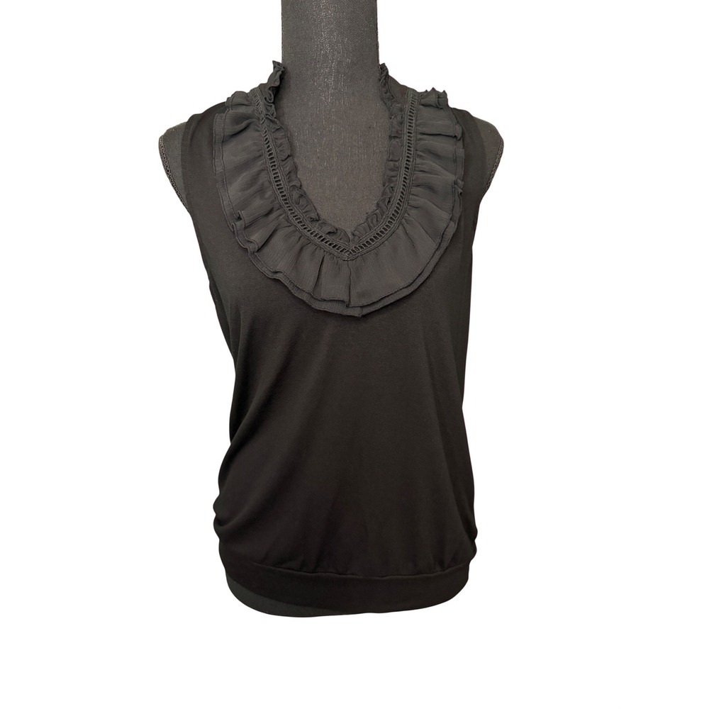 Black Ruffle V-Neck Sleeveless Knit Top with Ladder Stitch Detail